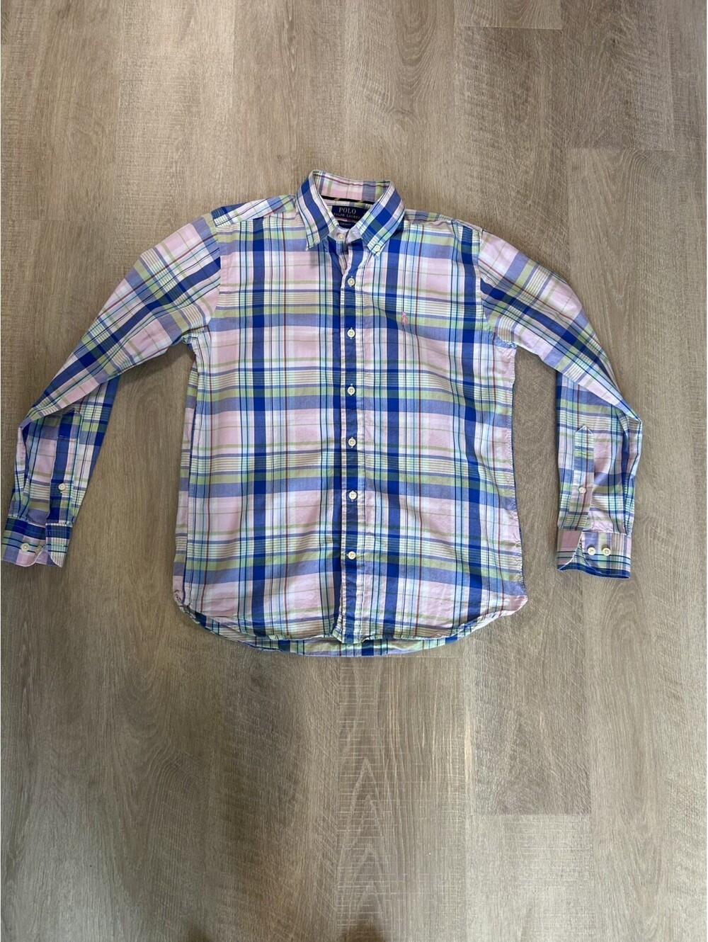 Polo Ralph Lauren Mens M Classic Fit Plaid Button Down Shirt Pink Green Logo